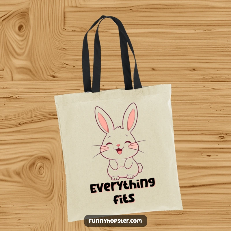 Funny tote bag displaying a stylized rabbit character whose large, exaggerated whiskers are wagging with pure, unadulterated delight.