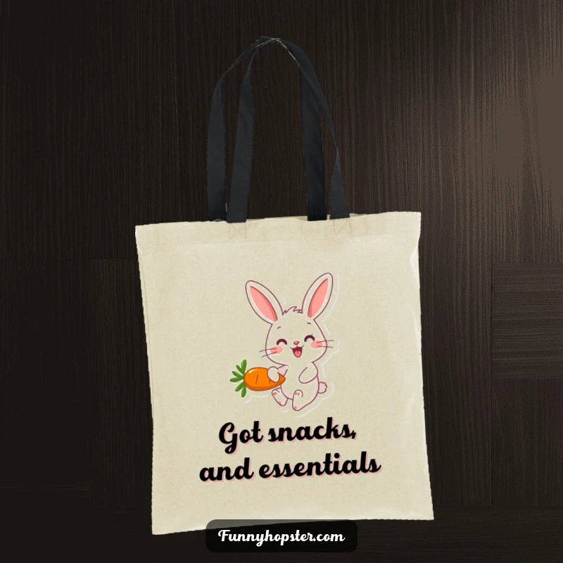 Funny happy rabbit character hopping with a carrot on a spacious and stylish tote bag.