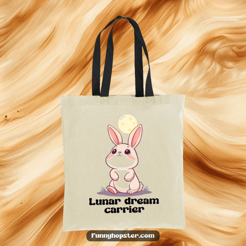 Funny tote bag featuring a rabbit character gazing at the moon with a look of pure wonder and enchantment.