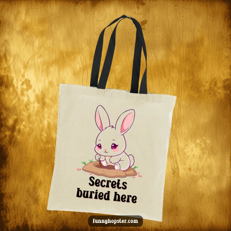 Funny tote bag featuring a cute pink-eyed rabbit diligently digging a hole with its small paws, showcasing its industrious nature.